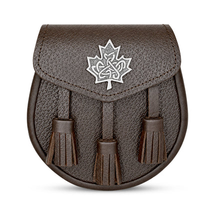 Brown Leather Sporran with Celtic Maple Leaf Badge