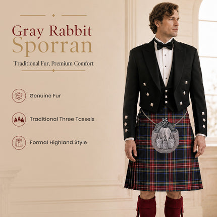 Formal Gray Rabbit Fur Sporran with Gray Lion Antique Cantle