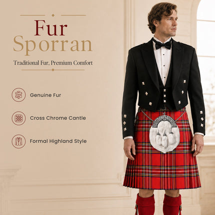 Formal White Rabbit Fur Sporran with Cross Chrome Cantle