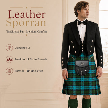 Deluxe Leather Sporran Black with Thistle Antique