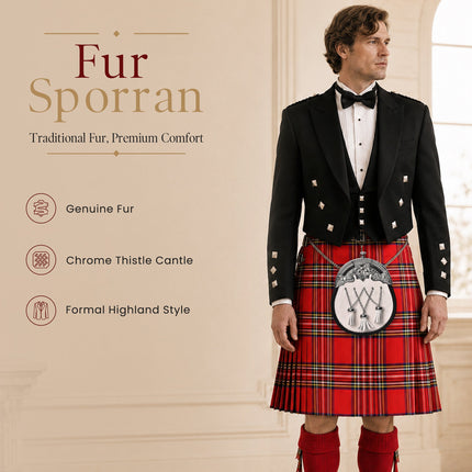 Formal White Bovine Cross Chain Sporran with Thistle Chrome Cantle