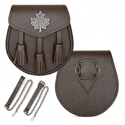 Brown Leather Sporran with Celtic Maple Leaf Badge