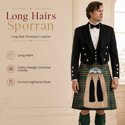 Full Dress Horse Hair Sporran with Celtic Chrome Cantle