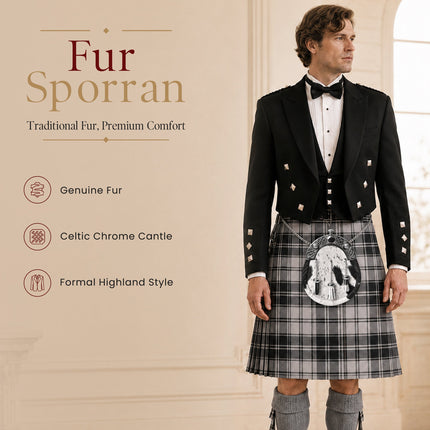 Formal White & Black Bovine Sporran with Celtic Chrome Cantle
