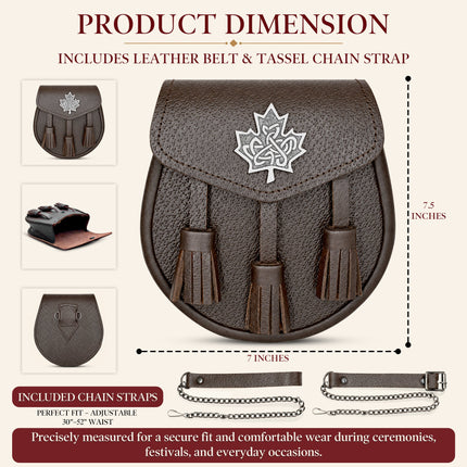 Brown Leather Sporran with Celtic Maple Leaf Badge