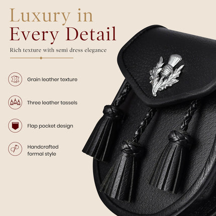 Semi Dress Leather Sporran w/ Thistle Badge I Black Plain