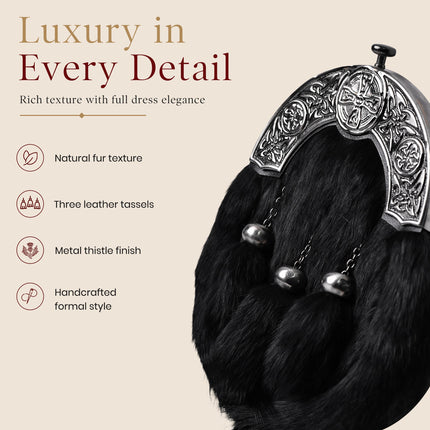 Formal Black Rabbit Fur Sporran with Black Celtic Antique Cantle