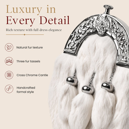 Formal White Rabbit Fur Sporran with Cross Chrome Cantle