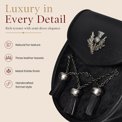 Deluxe Leather Sporran Black with Thistle Antique
