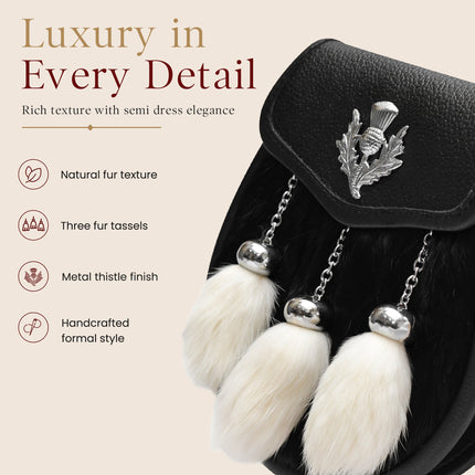 Semi-Dress Rabbit Fur Sporran with Thistle Chrome Badge