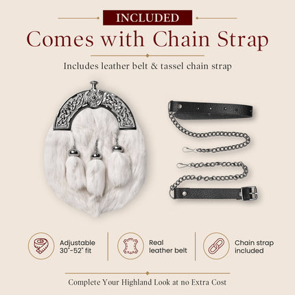 Formal White Rabbit Fur Sporran with Cross Chrome Cantle