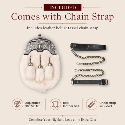 White Rabbit Fur Sporran with Highland Cow Antique Finish Cantle