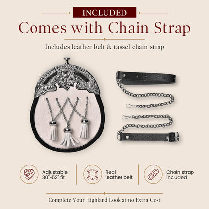 Formal White Bovine Cross Chain Sporran with Thistle Chrome Cantle