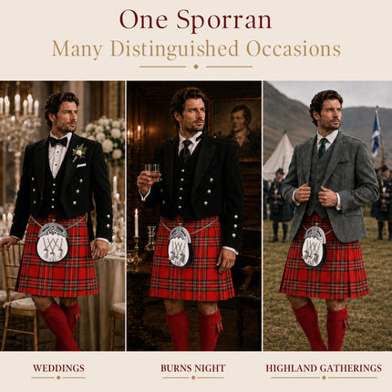 Formal White Bovine Cross Chain Sporran with Thistle Chrome Cantle