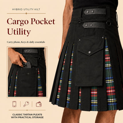 Black Stewart Hybrid Utility Kilt for Men  - Traditional Style with Modern Functionality | Big & Tall