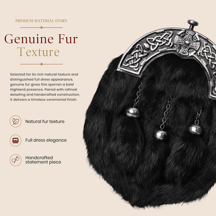 Formal Black Rabbit Fur Sporran with Black Cross Antique Cantle
