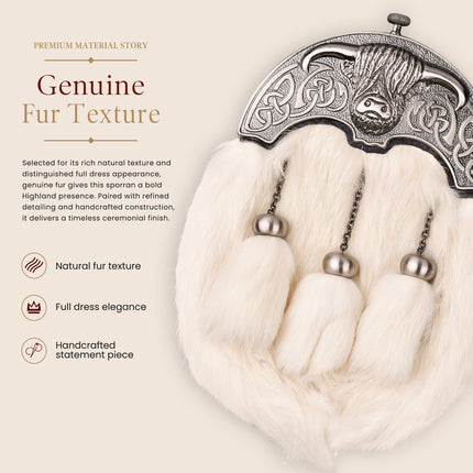 White Rabbit Fur Sporran with Highland Cow Antique Finish Cantle