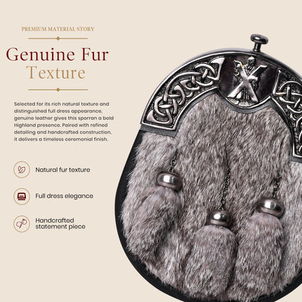 Formal Gray Rabbit Fur Sporran with St. Andrew Antique Cantle