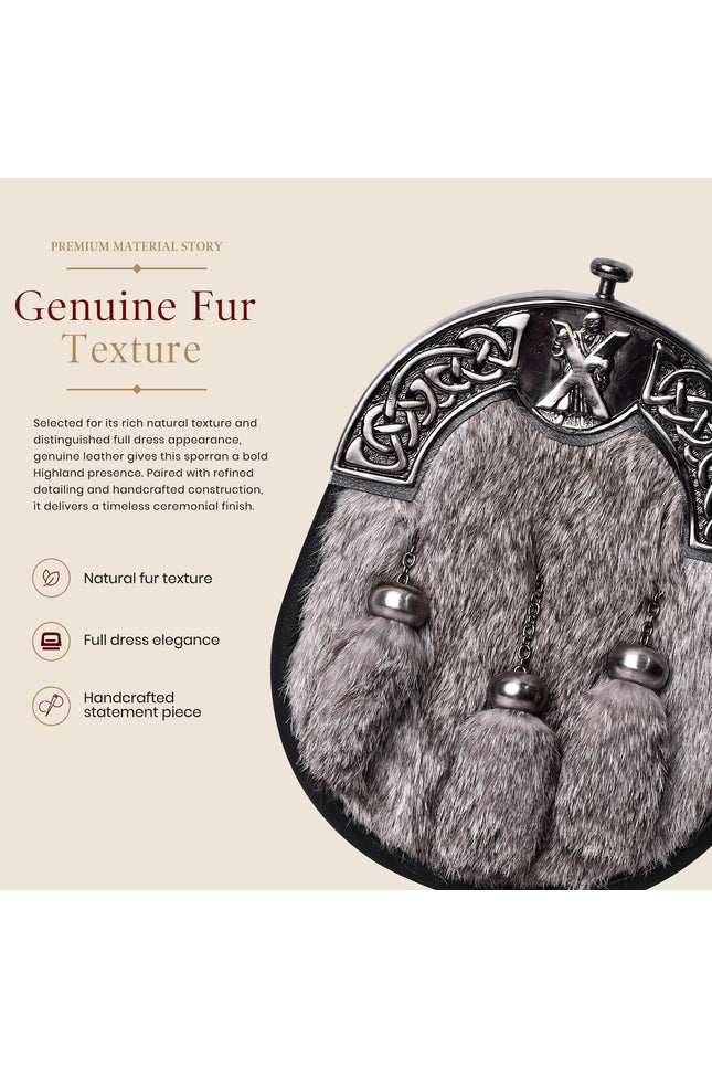 Formal Gray Rabbit Fur Sporran with St. Andrew Antique Cantle