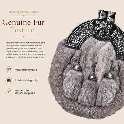 Formal Gray Rabbit Fur Sporran with Gray Lion Antique Cantle