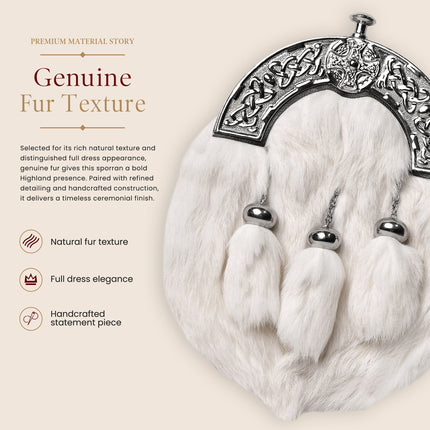 Formal White Rabbit Fur Sporran with Cross Chrome Cantle