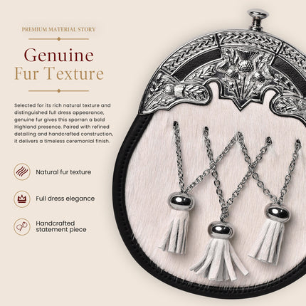 Formal White Bovine Cross Chain Sporran with Thistle Chrome Cantle