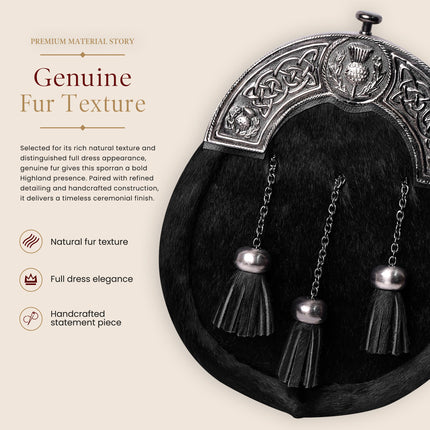 Formal Black Bovine Sporran with Black Thistle Antique Cantle