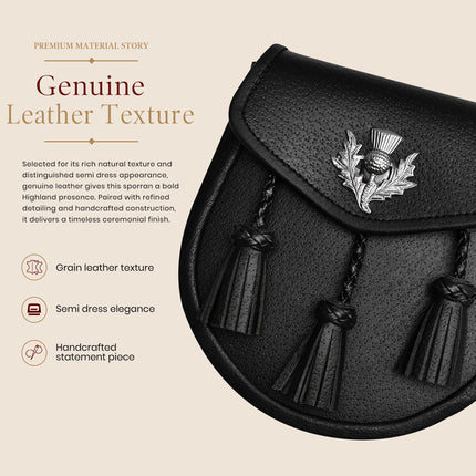 Semi Dress Leather Sporran w/ Thistle Badge I Black Plain