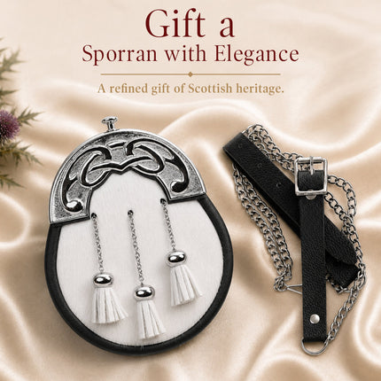 Formal White Bovine Sporran with Chrome Cantle