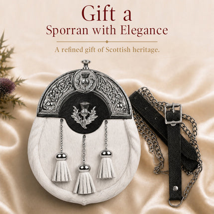 Formal White Bovine Sporran With Targe Leather Cantle