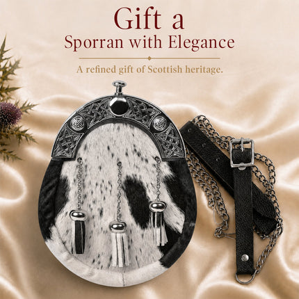 Formal White & Black Bovine Sporran with Celtic Chrome Cantle