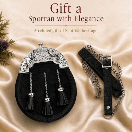 Formal Black Bovine Sporran with Chrome Lion Rampant Cantle