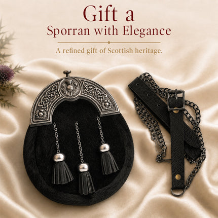 Formal Black Bovine Sporran with Black Thistle Antique Cantle