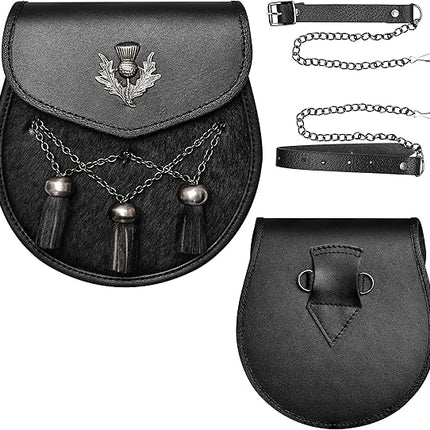 Deluxe Leather Sporran Black with Thistle Antique