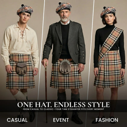 Tam O'Shanter Hat with Pompom | Camel Thomson Tartan