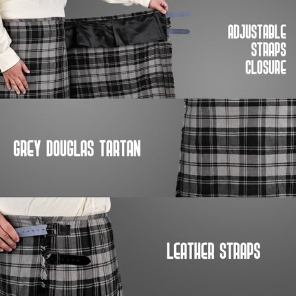 Kilt for Men I Grey Douglas Tartan Kilt Polyviscose 8 Yard Traditional Men Kilt