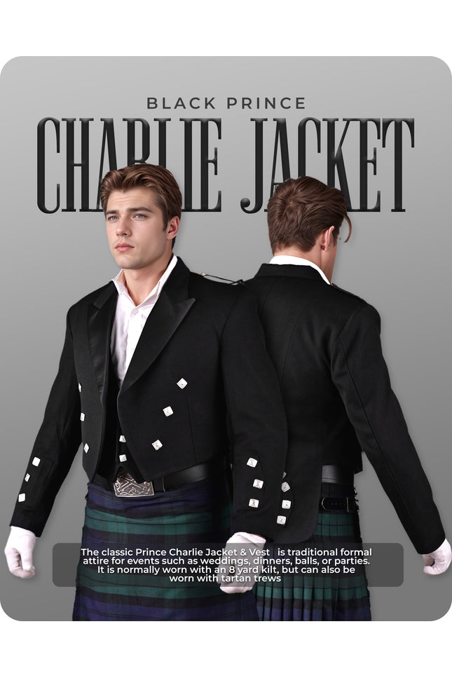Black Prince Charlie Jacket & Vest -  Traditional Elegance with Modern Craftsmanship