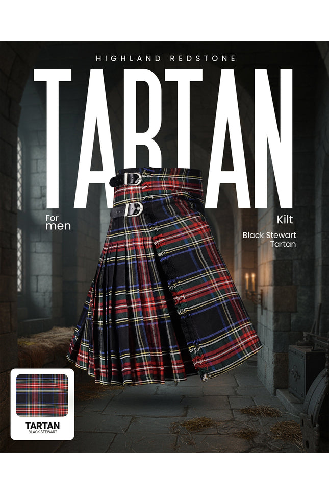 Kilt for Men I Black Stewart Tartan Kilt Polyviscose 8 Yard Traditional Men Kilt