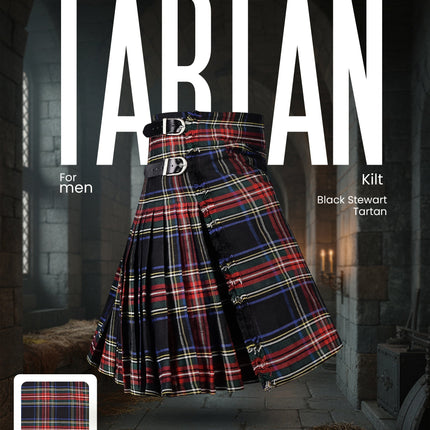 Kilt for Men I Black Stewart Tartan Kilt Polyviscose 8 Yard Traditional Men Kilt | Big & Tall