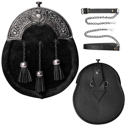 Formal Black Bovine Sporran with Black Thistle Antique Cantle