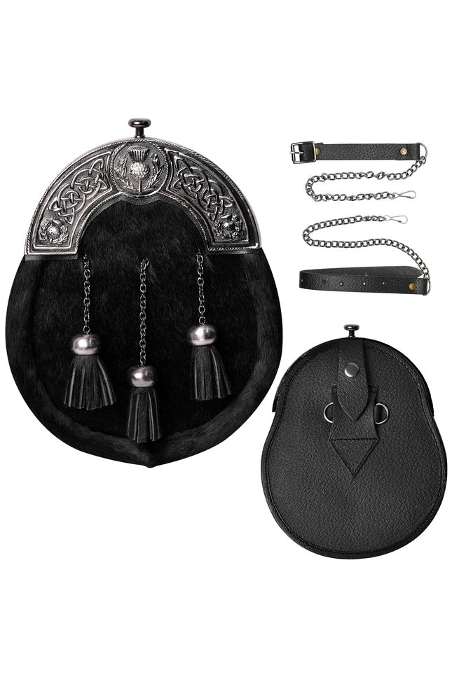 Formal Black Bovine Sporran with Black Thistle Antique Cantle