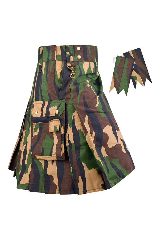 StoneGringe Men’s Camouflage Utility Kilt  - Rugged Ripstop Cotton tactical men kilt with brass hardware