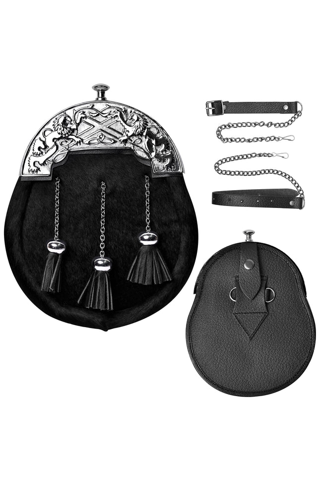 Formal Black Bovine Sporran with Chrome Lion Rampant Cantle