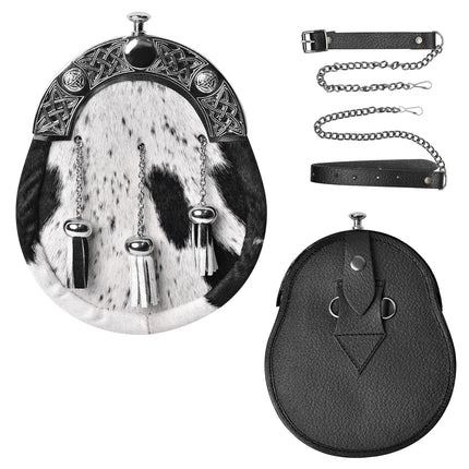 Formal White & Black Bovine Sporran with Celtic Chrome Cantle