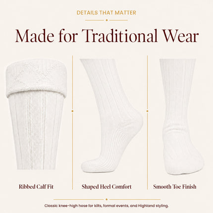 Comfortable Wool Blend White Kilt Hose | High-Quality Kilt Socks