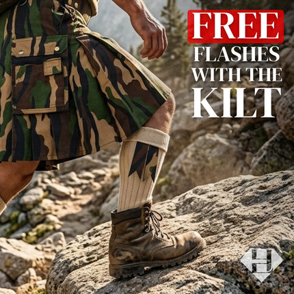 StoneGringe Men’s Camouflage Utility Kilt  - Rugged Ripstop Cotton tactical men kilt with brass hardware