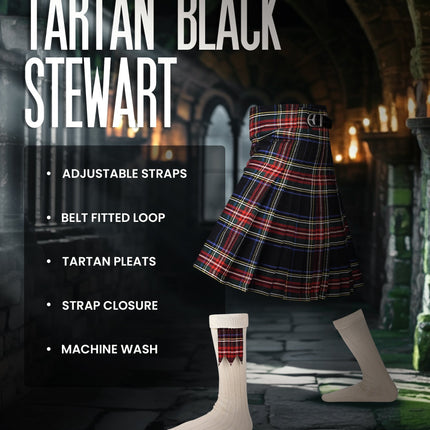 Kilt for Men I Black Stewart Tartan Kilt Polyviscose 8 Yard Traditional Men Kilt | Big & Tall
